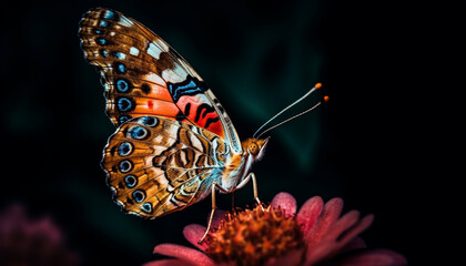 Obraz premium Vibrant butterfly wing spotted on green plant generated by AI