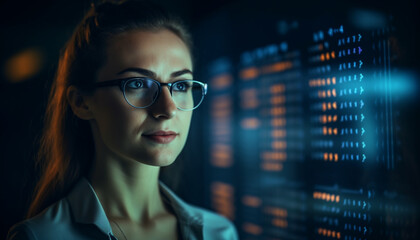 Successful businesswoman glowing with confidence and technology generated by AI