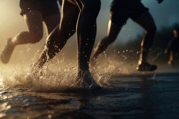 Joggers Jogging Through Water With Copyspace Generative AI