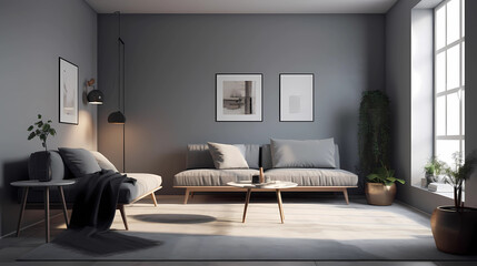 Modern dark living room interior with stylish comfortable sofa, Generative AI