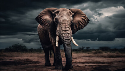 Majestic elephant standing in tranquil African savannah generated by AI