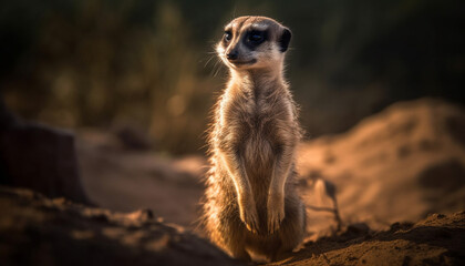 Fototapeta premium Small meerkat standing alert, watching nature beauty generated by AI