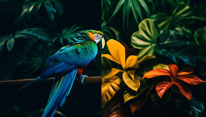 Fototapeta premium Vibrant macaw perching on green rainforest branch generated by AI