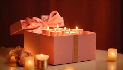 A glowing flame illuminates the shiny gift box generated by AI