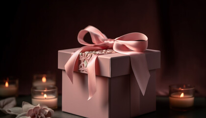 Wrapped gift box illuminated by candle flame generated by AI