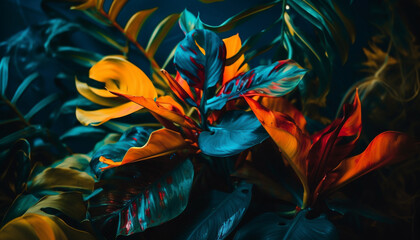 Vibrant colors of tropical rainforest flora and fauna generated by AI