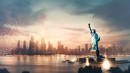 The Statue of Liberty with blurred background of cityscape with beautiful fireworks at night,...