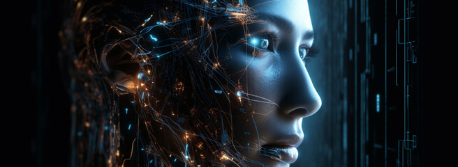AI technology. Digital transformation, new technologies, business process strategy, latest scientific achievements. woman's face with a digital interface