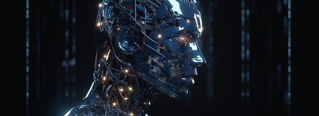 AI technology. Digital transformation, new technologies, business process strategy, latest scientific achievements.  futuristic robot head with glowing eyes