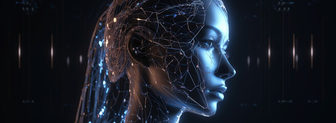 AI technology. Digital transformation, new technologies, business process strategy, latest scientific achievements. woman with a futuristic head and face in the dark