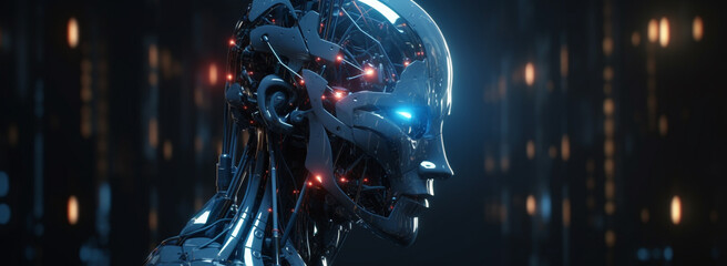 AI technology. Digital transformation, new technologies, business process strategy, latest scientific achievements. close up of a robot head with glowing eyes