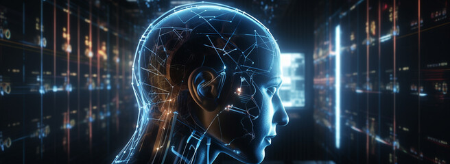 AI technology. Digital transformation, new technologies, business process strategy, latest scientific achievements. the head of a man is shown in a futuristic image