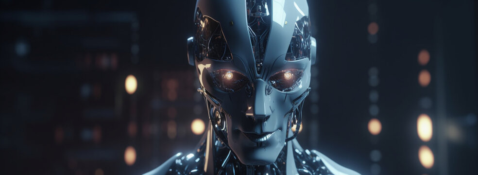 AI technology. Digital transformation, new technologies, business process strategy, latest scientific achievements. close - up of the face of a robot with glowing eyes