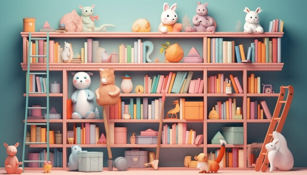 Cute rabbit toy on bookshelf sparks imagination generated by AI