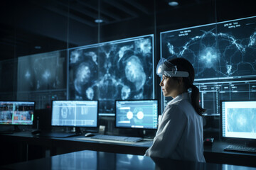 Obraz premium woman in a white lab coat is looking at a computer screen. Generative Ai