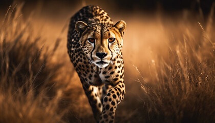 Fototapeta na wymiar Majestic cheetah walking through African wilderness plain generated by AI