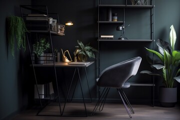 interior background chair home table living office desk beautiful pc shelf desktop style. Generative AI.