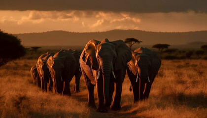 Fototapeta na wymiar African elephant herd grazing in the savannah generated by AI