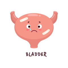 Bladder sick, body organ character injured or unhealthy, cartoon vector personage. Urinary system health problem, urine bladder infection or cystitis disease, bladder crying from inflammation pain
