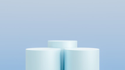 Abstract 3D blue cylinder pedestal podium with blue background. Pastel blue minimal scene with lighting for product display presentation.