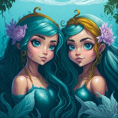 Two mischievous mermaid sisters . Aqua and Marina