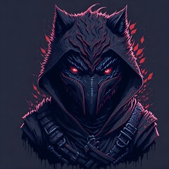 A detailed illustration face evil ninja wolf,magic, t-shirt design, red color, dark magic splash, dark, ghotic, t-shirt design, in the .