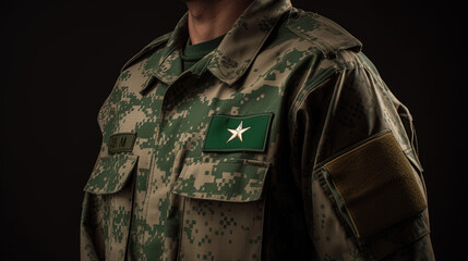 Shield with Pakistan flag on an army uniform. 23 march pakistan day with flag banner, Pakistan independence day, Generative Ai