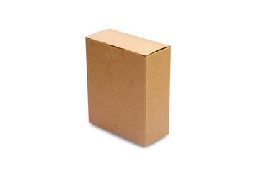 Isometric view of carton isolated on a white background with clipping path. Brown cardboard delivery box.
