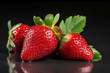  strawberries with leaf isolated on black background
