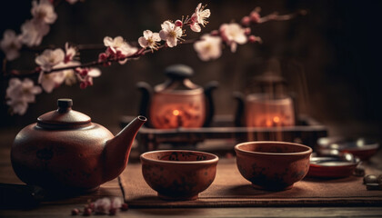 Obraz na płótnie Canvas Hot tea in antique earthenware teapot still life generated by AI