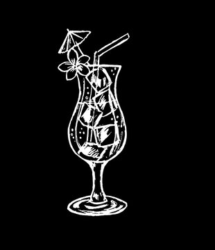 On a black background, a white glass with a cocktail