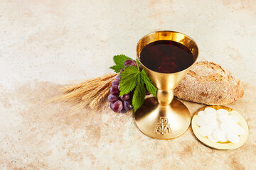 Communion Still life with chalice of wine and bread - obrazy, fototapety, plakaty