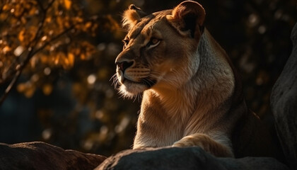 Majestic lioness hiding in grass, alert and resting generated by AI - obrazy, fototapety, plakaty