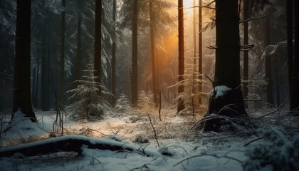 Fototapeta premium Tranquil forest scene, winter mystery in nature generated by AI