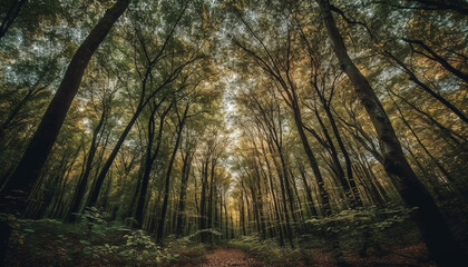 Sunlit tree branch in tranquil forest landscape generated by AI