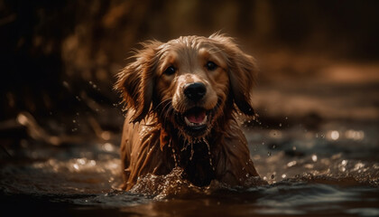 Cute puppy playing in the water, splashing joyfully generated by AI