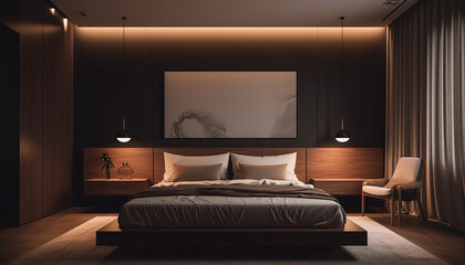 Luxury modern bedroom with comfortable illuminated bedding generated by AI