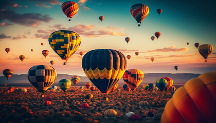 Naklejka premium Vibrant hot air balloon soars over mountains generated by AI