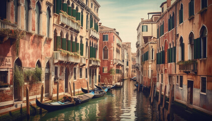 Fototapeta na wymiar Venetian gondolier glides through majestic blue canal generated by AI