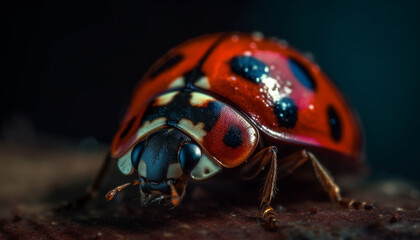 Spotted ladybug crawling on green plant leaf generated by AI