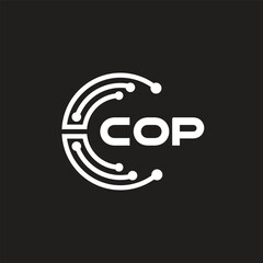 COP letter technology logo design on black background. COP creative initials letter IT logo concept. COP letter design.	
