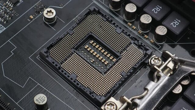 Macro footage of a desktop micro processor CPU slot  
