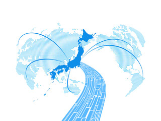 白のバックに日本を中心とした世界地図の中で日本経済の発展をイメージ - obrazy, fototapety, plakaty