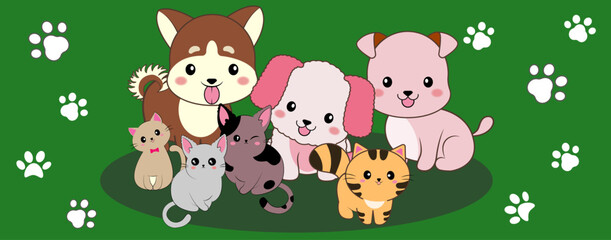 Obraz na płótnie Canvas dog cat cute pets Collection of graphic drawing sets, pets, puppies, kittens, illustrations.