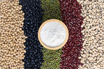 Top view of Five colour of sean drink powder greenpea in a bowl on wooder background, Healthy eating concept