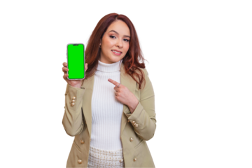 Brazilian woman, redhead, beautician, beauty professional, presenting mobile phone with Chroma screen.