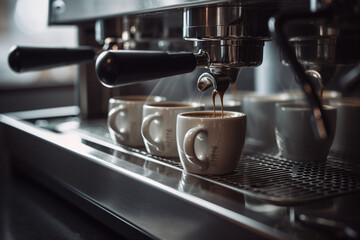 espresso machine dispenses coffee into cups on stainless steel espressor with Generative AI