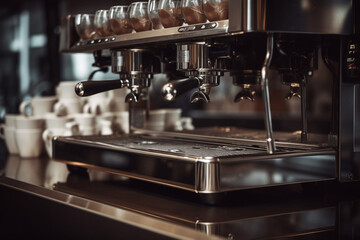 espresso machine dispenses coffee into cups on stainless steel espressor with Generative AI