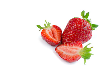 Red ripe fresh strawberry close-up on a white isolated background. Fresh berries, summer harvest, fruits, healthy food, diet concept. 