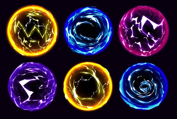 Cartoon electric lightning glow ball neon set. Magic energy sphere isolated on black background. Abstract spark element in blue, violet, yellow and pink color. Thunderbolt circle portal illustration - obrazy, fototapety, plakaty